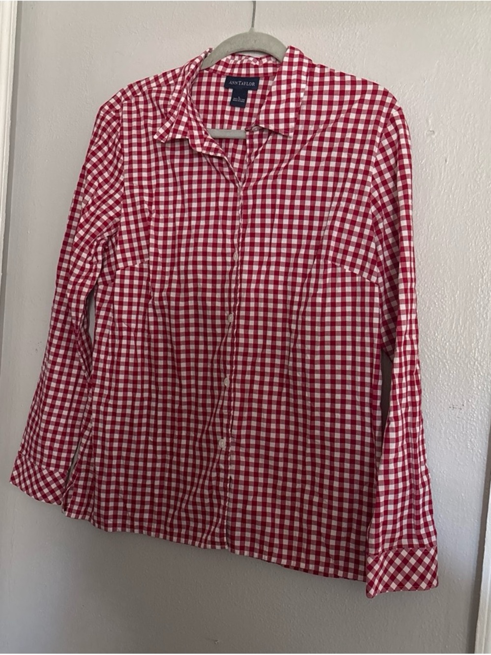 Ann Taylor Red and White Gingham Collared Shirt